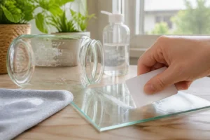 Retrait d’un résidu de colle sur du verre avec une carte plastique
