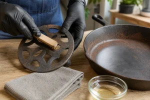 Retrait manuel de rouille sur un objet en fonte